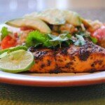 Spicy salmon with rice and grilled vegetables